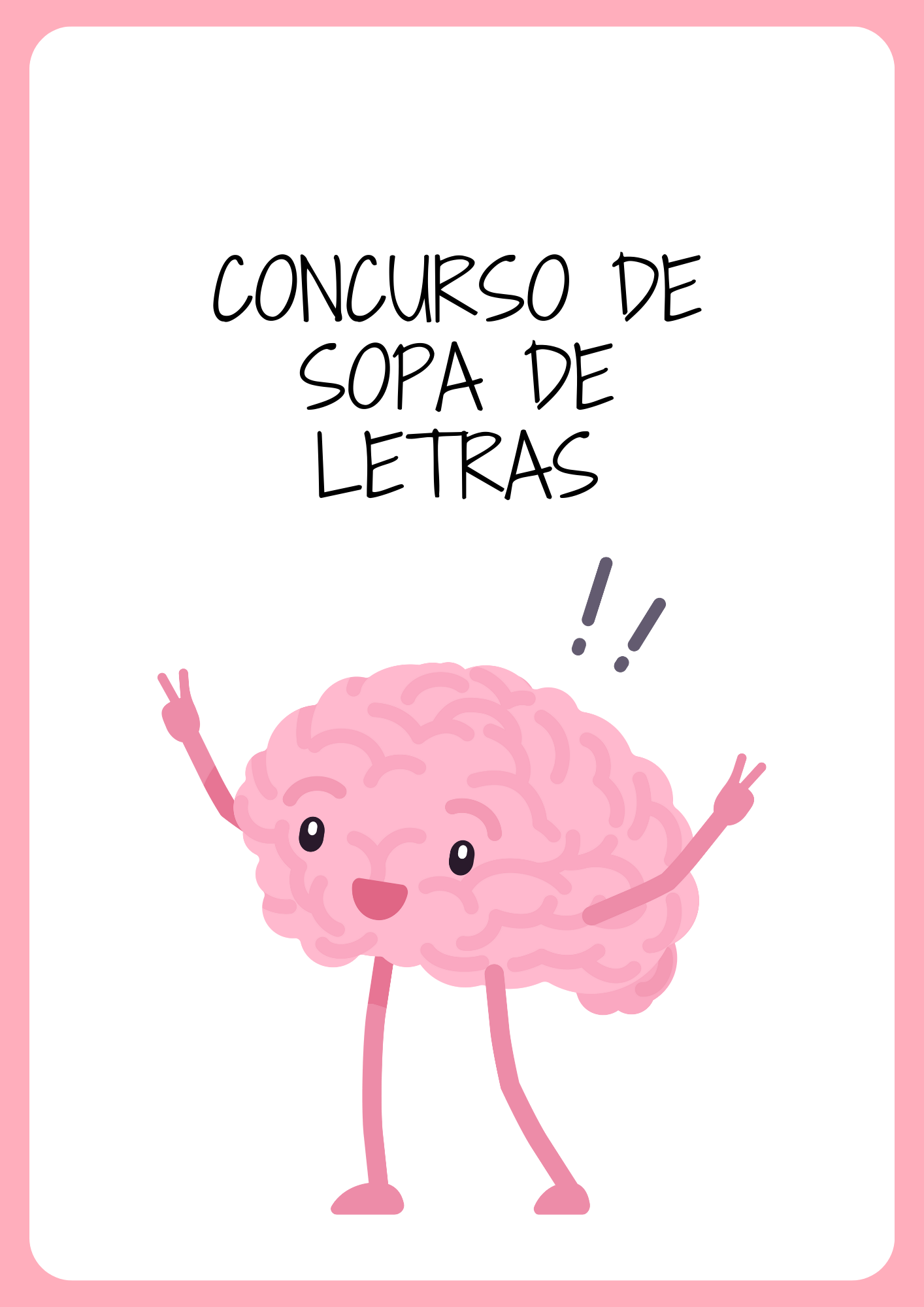 Un cerebro con cara feliz anuncia el concurso de sopa de letras