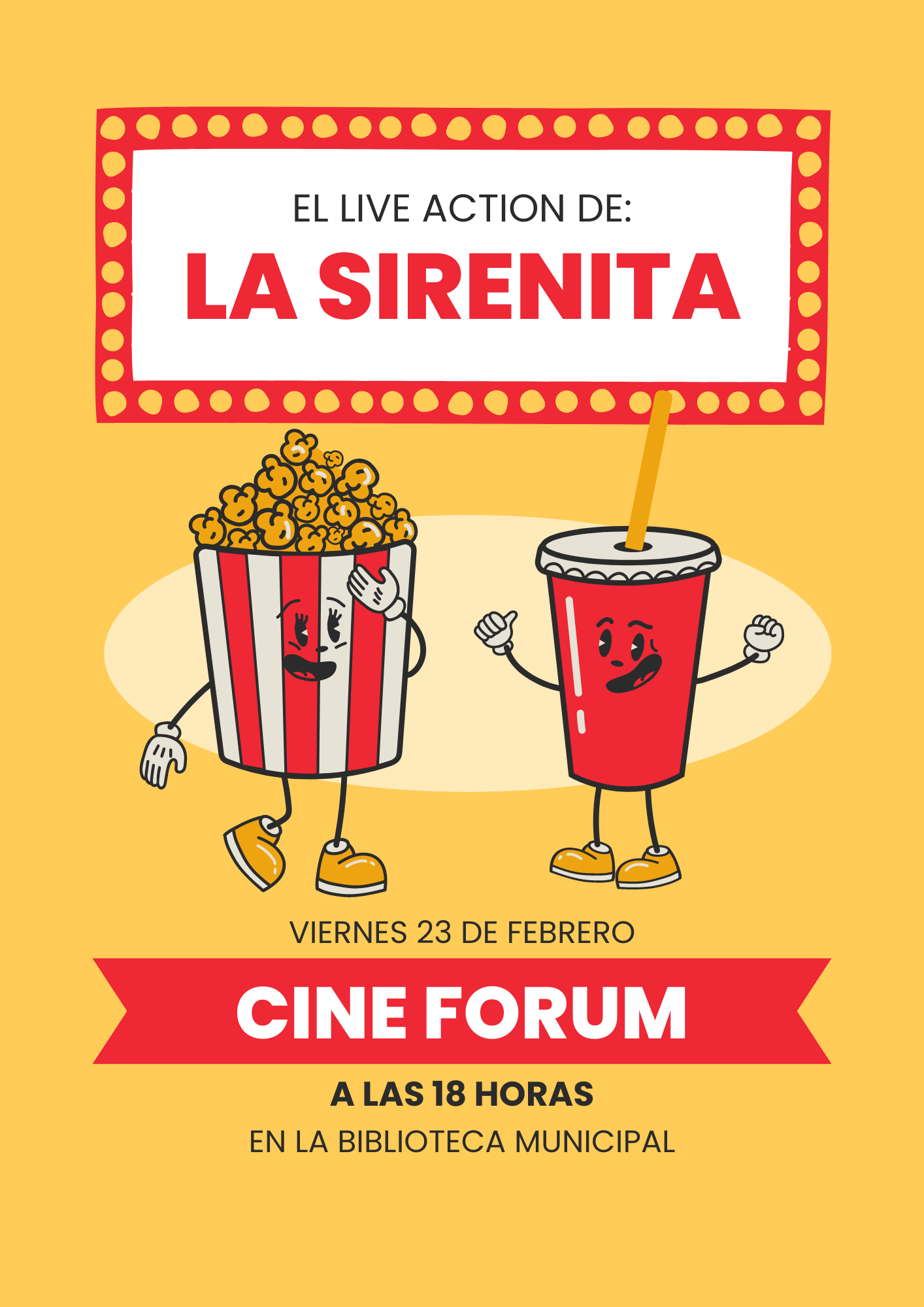 Unas palomitas y un vaso se saludan y anuncian la película de la Sirenita